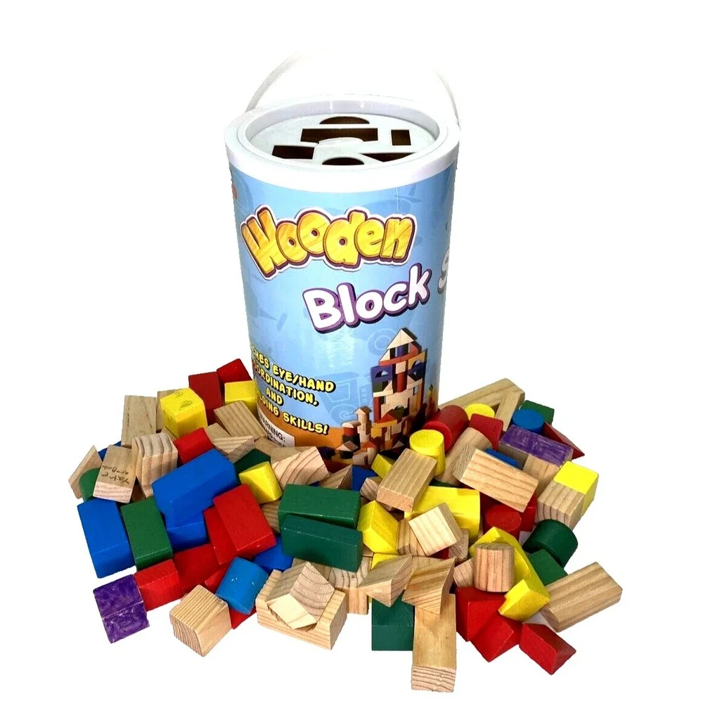 Wooden Building Blocks Set of 100 Various Colors and Shapes and Storage Canister